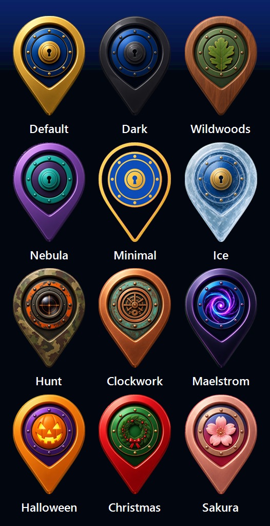 All twelve DropPin Vault app icons including Sakura