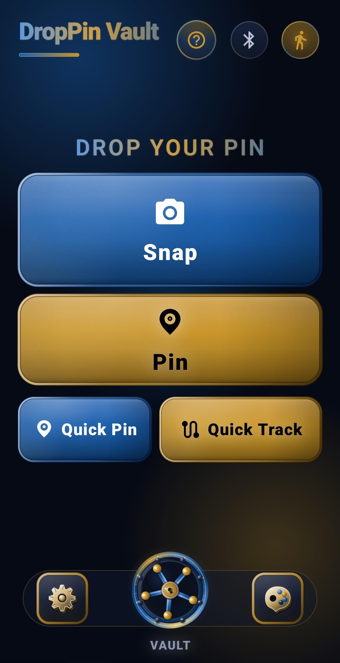 DropPin Vault home screen in Cobalt & Gold: snap photo or pin a parking spot on Android