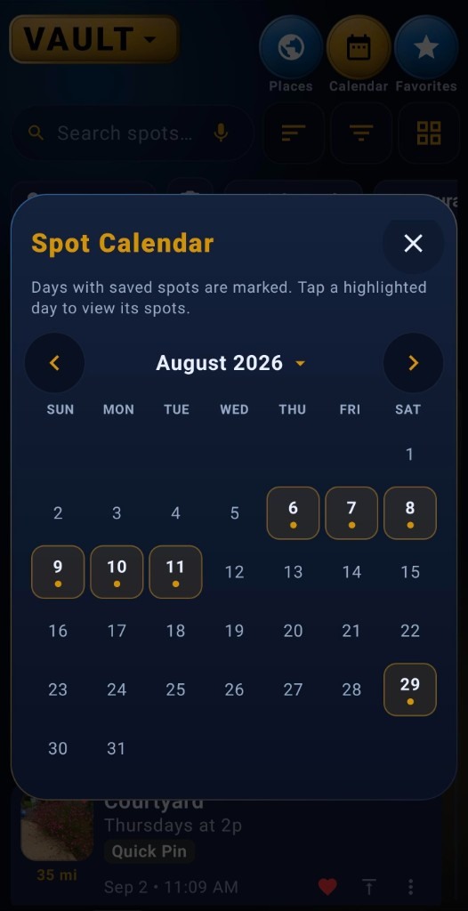 Spot calendar: browse saved locations by day
