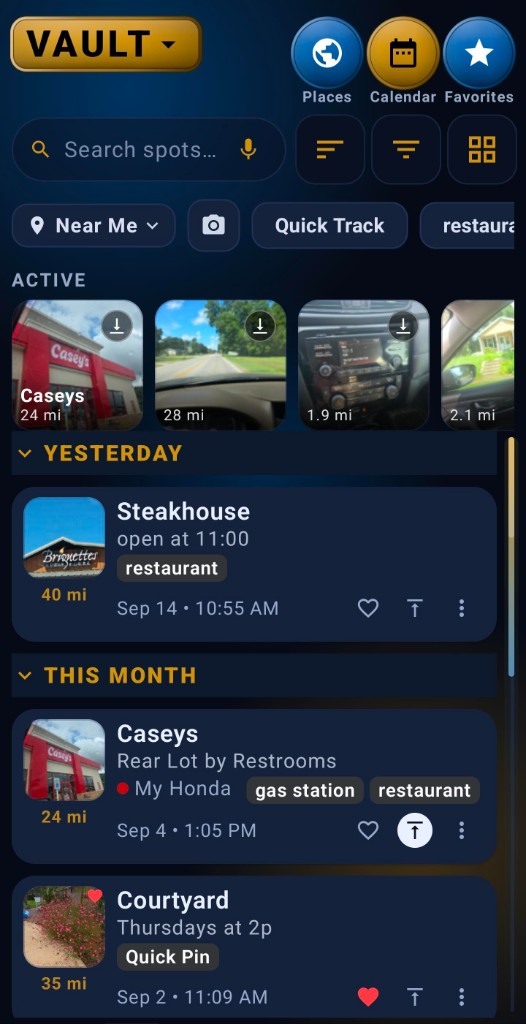 Location vault list: saved parking spots and places with search filters
